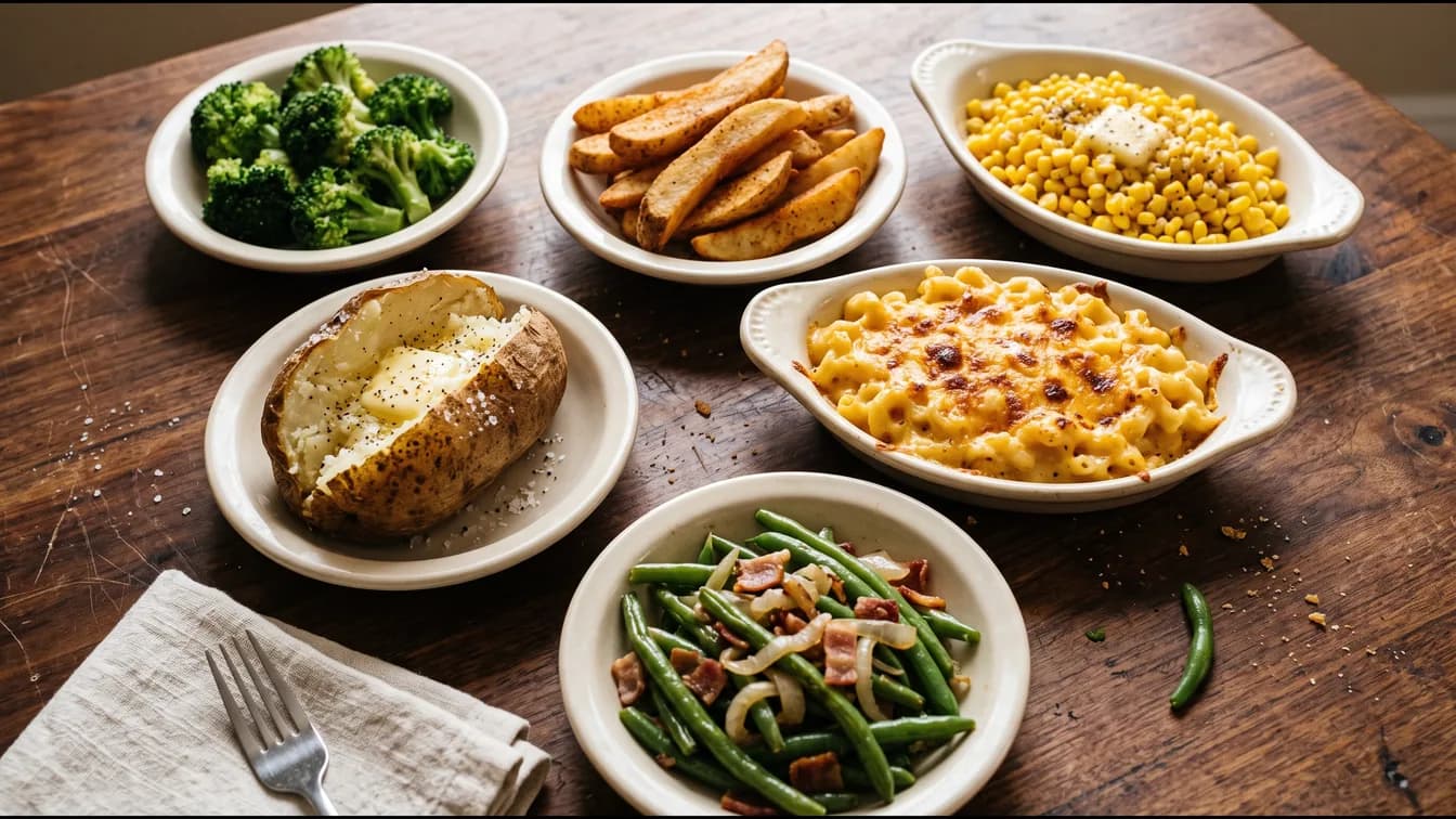 Six Texas Roadhouse sides on a wooden table: steamed broccoli, steak fries, seasoned corn, baked potato, mac and cheese and green beans