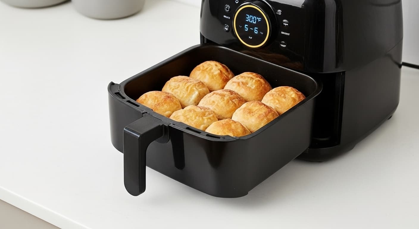 Texas Roadhouse frozen rolls air fryer cooking method - 300°F 5-8 minutes, golden brown fluffy dinner rolls healthy cooking alternative modern kitchen appliance