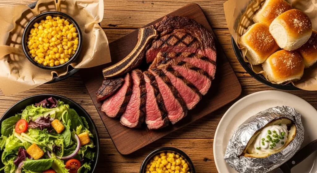 Texas Roadhouse takeout menu with steaks, ribs, rolls, and family meal pickup
