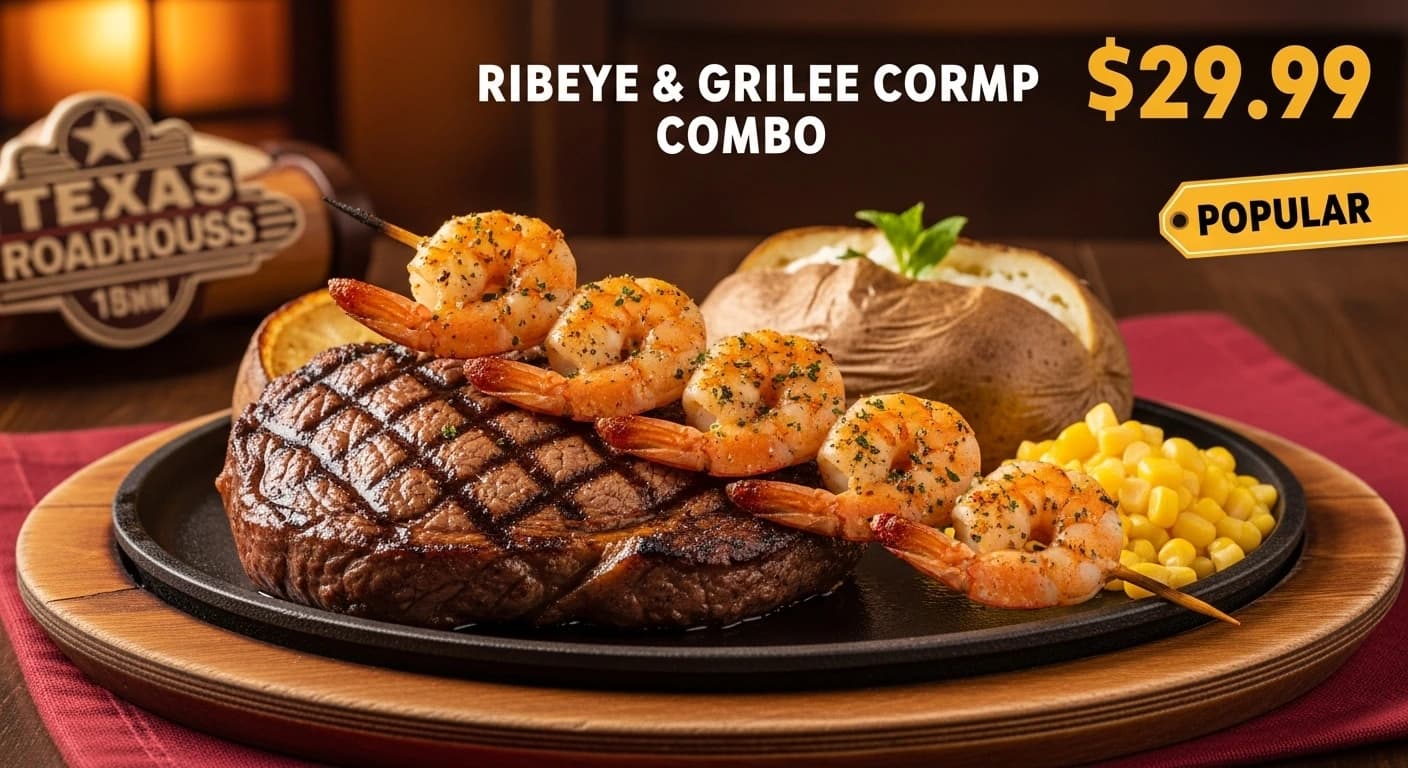 Texas Roadhouse Ribeye and Grilled Shrimp combo 12oz ribeye with grilled shrimp