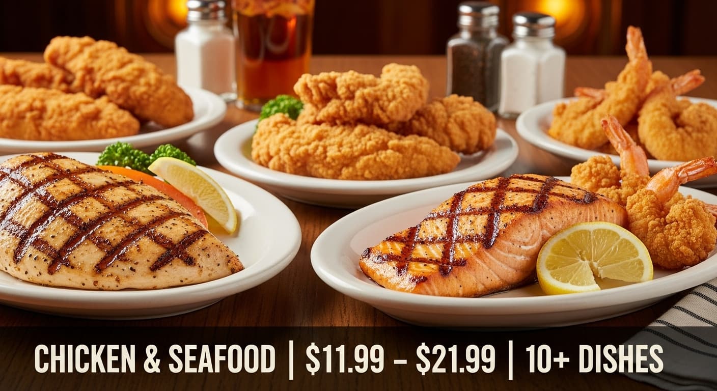 Texas Roadhouse Chicken & Seafood menu with pictures showing grilled chicken, fried chicken, salmon, and shrimp dishes