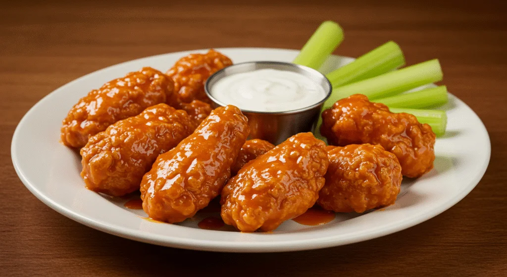 Texas Roadhouse Boneless Buffalo Wings with buffalo sauce, celery and ranch