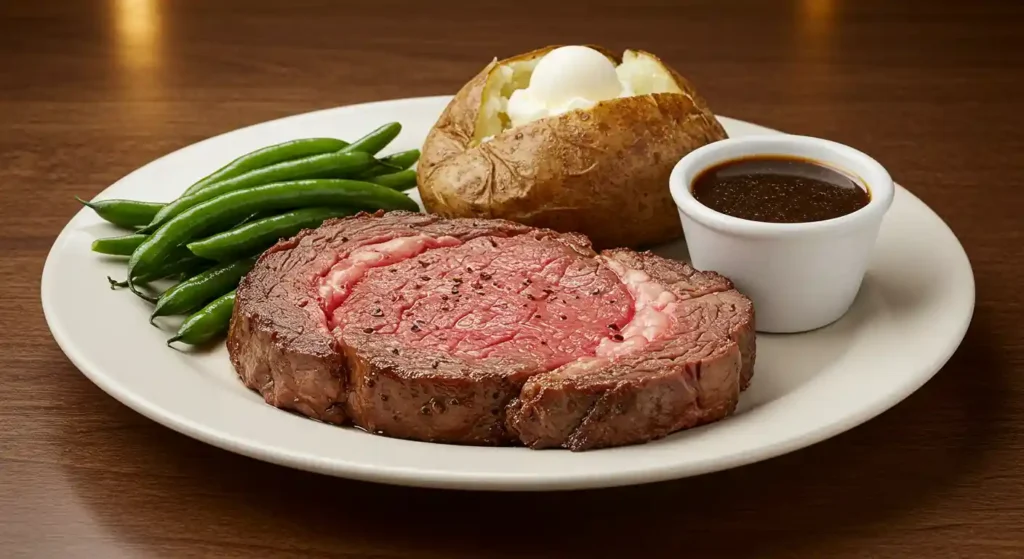 Texas Roadhouse 8oz USDA Prime Ribeye with fries, corn and cinnamon rolls