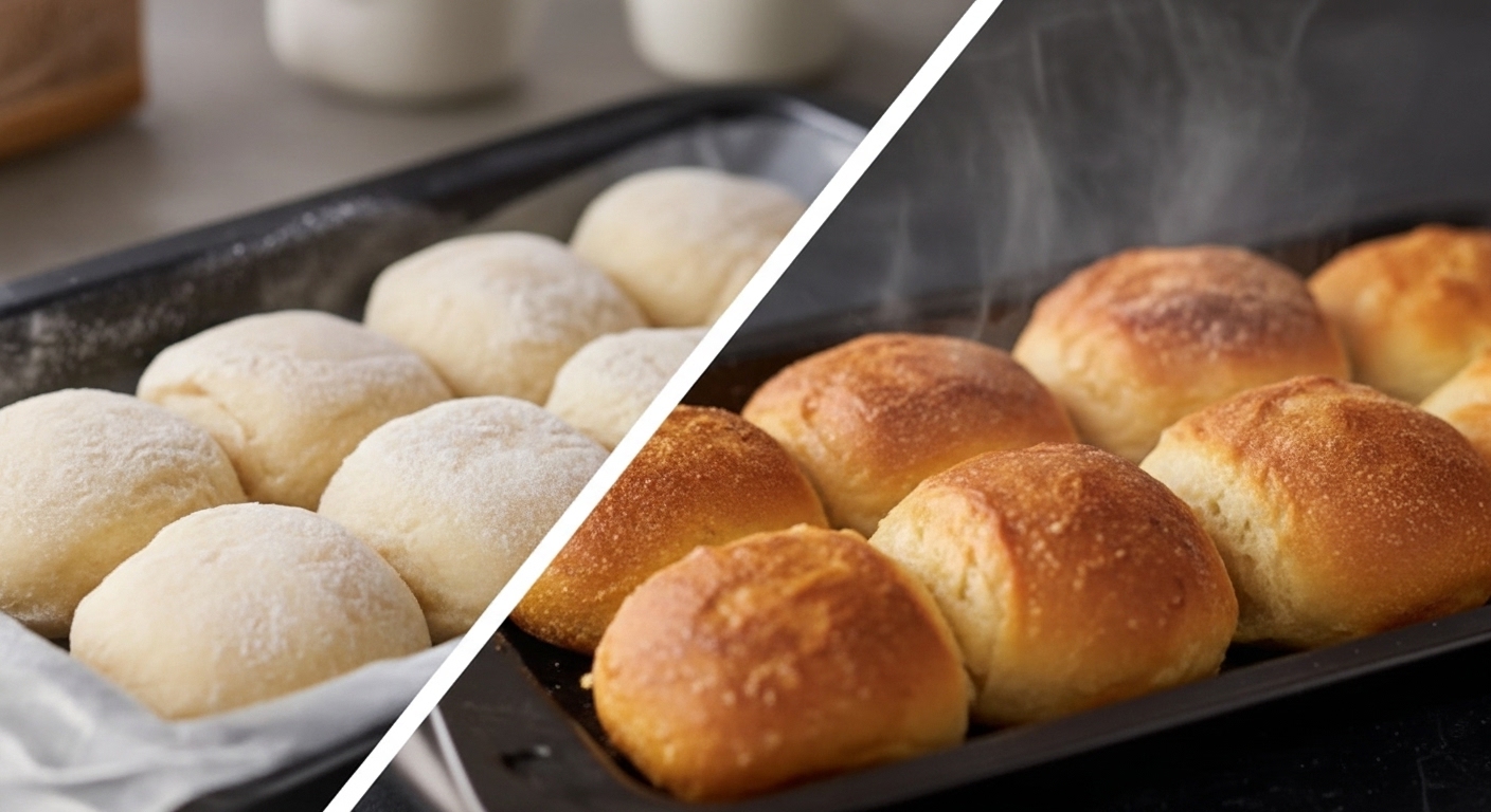 Texas Roadhouse frozen rolls before after baking transformation - frozen dinner rolls to golden brown restaurant quality bread, home baking results 15 minutes